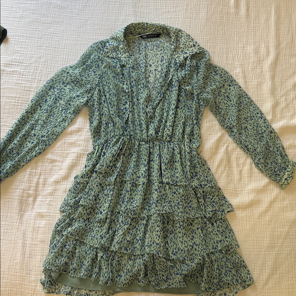 Zara Green Patterned Long Sleeve Dress